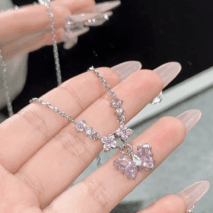 Dainty Pink CZ Inlaid Butterfly Pendant Cable Chain Necklace - ArtGalleryZen