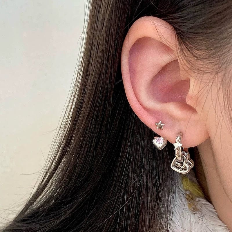 Dainty Pink CZ Inlaid Heart Star Hoop Dangle Earrings Set - ArtGalleryZen