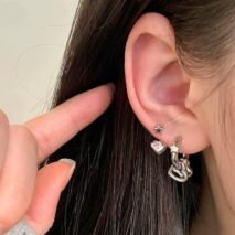 Dainty Pink CZ Inlaid Heart Star Hoop Dangle Earrings Set - ArtGalleryZen