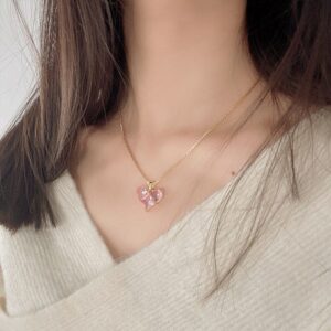 Dainty Pink Rhinestone Heart Pendant Chain Necklace Dangle Earrings Set - ArtGalleryZen
