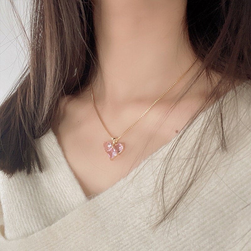 Dainty Pink Rhinestone Heart Pendant Chain Necklace Dangle Earrings Set - ArtGalleryZen