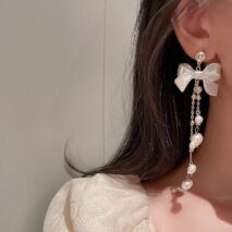 Dainty Rhinestone Inlaid Dangling Bowknot Pearl Earrings - ArtGalleryZen