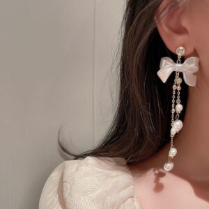 Dainty Rhinestone Inlaid Dangling Bowknot Pearl Earrings - ArtGalleryZen
