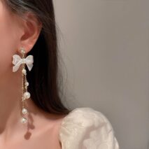 Dainty Rhinestone Inlaid Dangling Bowknot Pearl Earrings - ArtGalleryZen