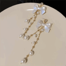 Dainty Rhinestone Inlaid Dangling Bowknot Pearl Earrings - ArtGalleryZen