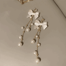 Dainty Rhinestone Inlaid Dangling Bowknot Pearl Earrings - ArtGalleryZen
