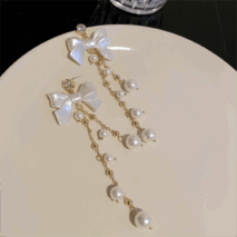 Dainty Rhinestone Inlaid Dangling Bowknot Pearl Earrings - ArtGalleryZen
