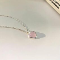 Dainty S925 Silver Pink Opal Heart Necklace - ArtGalleryZen