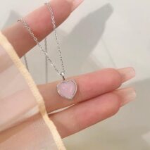 Dainty S925 Silver Pink Opal Heart Necklace - ArtGalleryZen