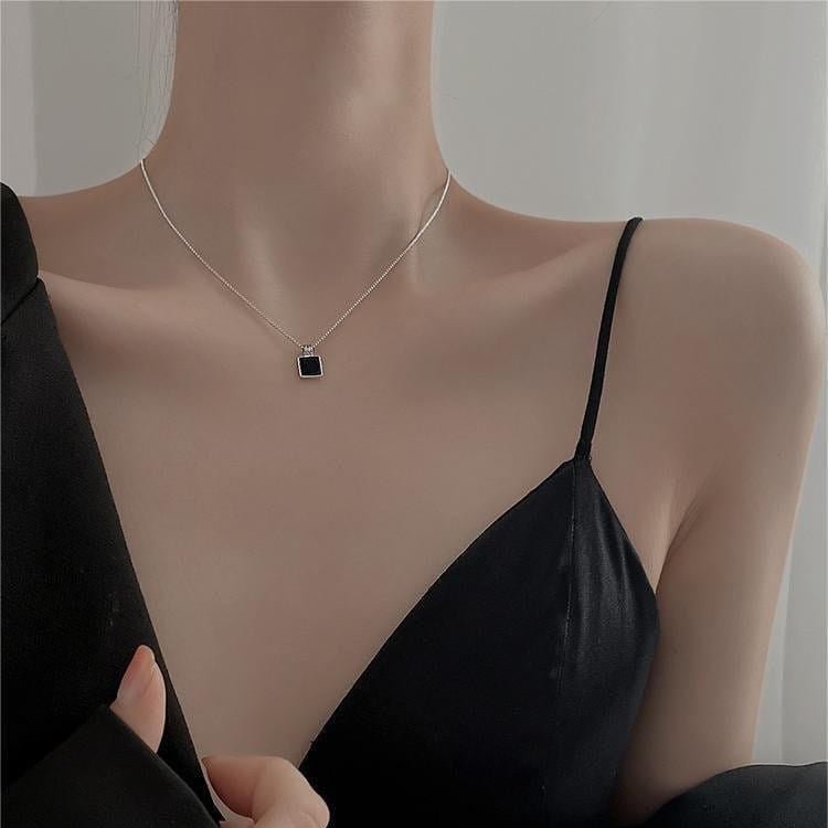 Dainty S925 Sterling Silver Enamel Square Pendant Box Chain Necklace - ArtGalleryZen
