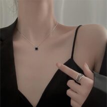 Dainty S925 Sterling Silver Enamel Square Pendant Box Chain Necklace - ArtGalleryZen