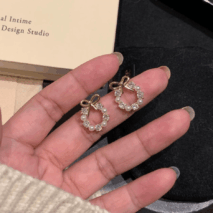 Delicate CZ Pearl Inlaid Hoop Bowknot Stud Earrings - ArtGalleryZen