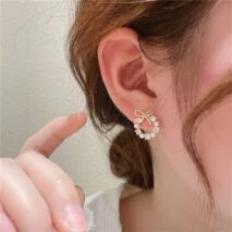 Delicate CZ Pearl Inlaid Hoop Bowknot Stud Earrings - ArtGalleryZen