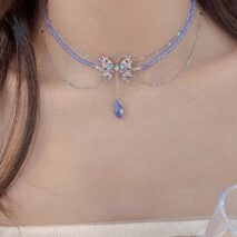 Delicate Layered CZ Inlaid Butterfly Crystal Pendant Beaded Chain Necklace - ArtGalleryZen