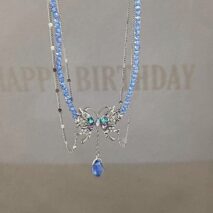 Delicate Layered CZ Inlaid Butterfly Crystal Pendant Beaded Chain Necklace - ArtGalleryZen