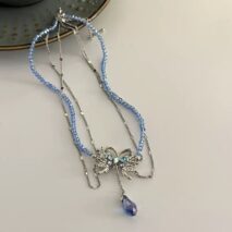 Delicate Layered CZ Inlaid Butterfly Crystal Pendant Beaded Chain Necklace - ArtGalleryZen