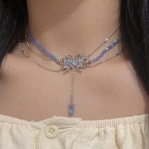 Delicate Layered CZ Inlaid Butterfly Crystal Pendant Beaded Chain Necklace - ArtGalleryZen
