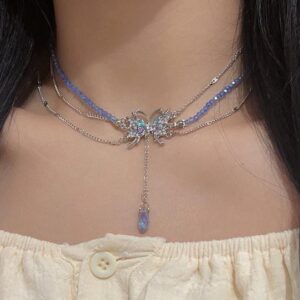 Delicate Layered CZ Inlaid Butterfly Crystal Pendant Beaded Chain Necklace - ArtGalleryZen