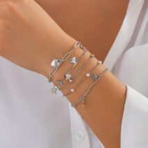 Delicate Layered Heart Butterfly Star Tassel Pearl Cable Chain Bracelet Set - ArtGalleryZen
