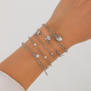 Delicate Layered Heart Butterfly Star Tassel Pearl Cable Chain Bracelet Set - ArtGalleryZen
