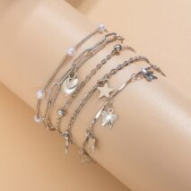 Delicate Layered Heart Butterfly Star Tassel Pearl Cable Chain Bracelet Set - ArtGalleryZen