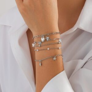 Delicate Layered Heart Butterfly Star Tassel Pearl Cable Chain Bracelet Set - ArtGalleryZen