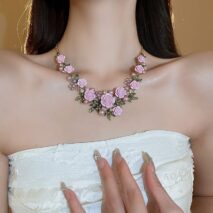 Delicate Pearl Rhinestone Inlaid Enamel Camellia Flower Necklace Bracelet Earrings - ArtGalleryZen