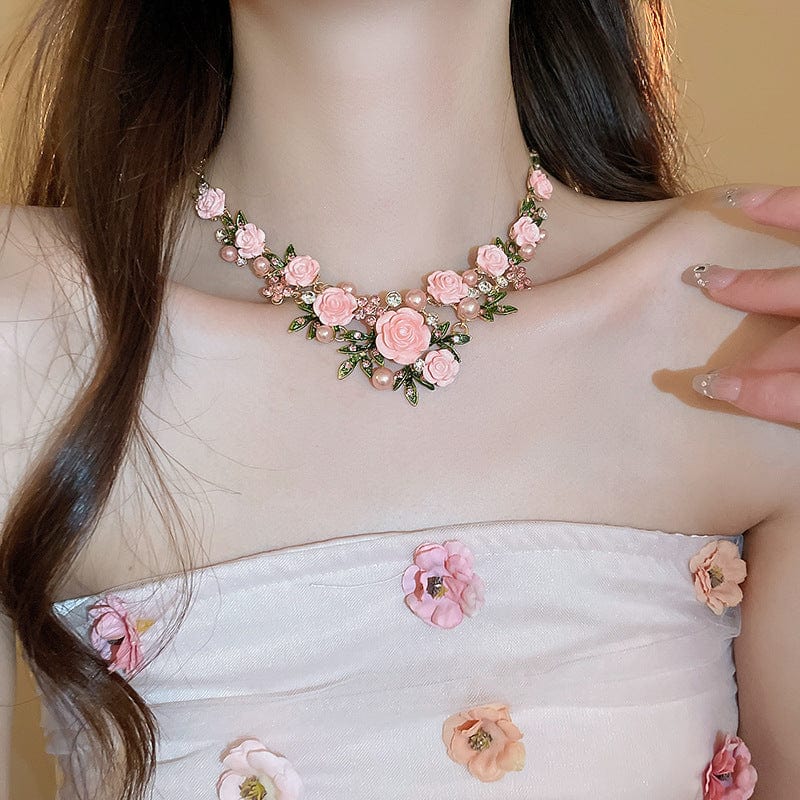 Delicate Pearl Rhinestone Inlaid Enamel Camellia Flower Necklace Bracelet Earrings - ArtGalleryZen