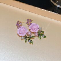 Delicate Pearl Rhinestone Inlaid Enamel Camellia Flower Necklace Bracelet Earrings - ArtGalleryZen