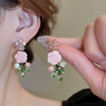 Delicate Pearl Rhinestone Inlaid Enamel Camellia Flower Necklace Bracelet Earrings - ArtGalleryZen