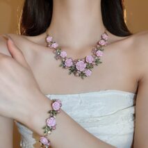Delicate Pearl Rhinestone Inlaid Enamel Camellia Flower Necklace Bracelet Earrings - ArtGalleryZen