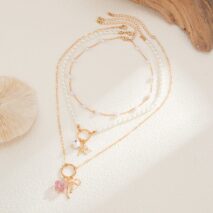 Elegant 3pcs Bow Starfish Flower Ceramic Pendant Pearl Chain Necklace Set - ArtGalleryZen