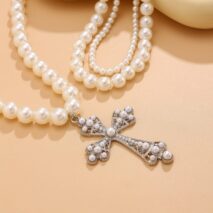 Elegant 3pcs Cross Pendant Pearl Chain Necklace Set - ArtGalleryZen