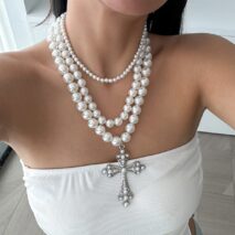 Elegant 3pcs Cross Pendant Pearl Chain Necklace Set - ArtGalleryZen