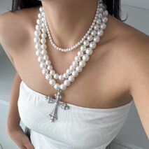 Elegant 3pcs Cross Pendant Pearl Chain Necklace Set - ArtGalleryZen