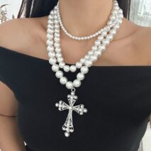 Elegant 3pcs Cross Pendant Pearl Chain Necklace Set - ArtGalleryZen