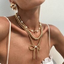 Elegant 3pcs Gold Silver Plated Bowknot Pearl Beaded Necklace Set - ArtGalleryZen