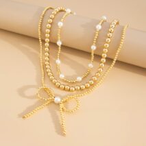 Elegant 3pcs Gold Silver Plated Bowknot Pearl Beaded Necklace Set - ArtGalleryZen