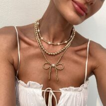 Elegant 3pcs Gold Silver Plated Bowknot Pearl Beaded Necklace Set - ArtGalleryZen