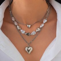 Elegant 3pcs Gold Silver Plated Heart Pendant Pearl Necklace Set - ArtGalleryZen