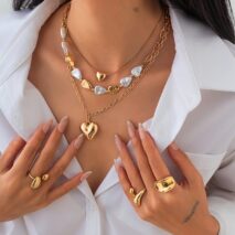 Elegant 3pcs Gold Silver Plated Heart Pendant Pearl Necklace Set - ArtGalleryZen