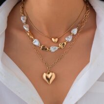 Elegant 3pcs Gold Silver Plated Heart Pendant Pearl Necklace Set - ArtGalleryZen
