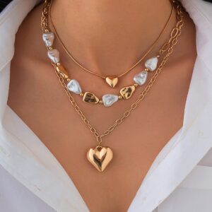 Elegant 3pcs Gold Silver Plated Heart Pendant Pearl Necklace Set - ArtGalleryZen