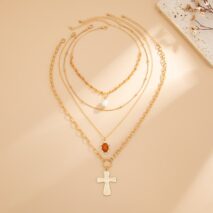 Elegant 4pcs Cross Flower Pearl Pendant Crystal Chain Necklace Set - ArtGalleryZen