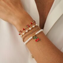 Elegant 4pcs Enamel Cherry Pearl Chain Bracelet Set - ArtGalleryZen