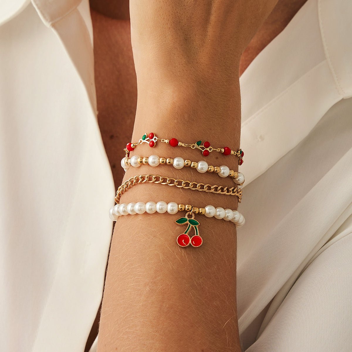 Elegant 4pcs Enamel Cherry Pearl Chain Bracelet Set - ArtGalleryZen