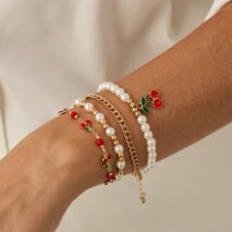 Elegant 4pcs Enamel Cherry Pearl Chain Bracelet Set - ArtGalleryZen