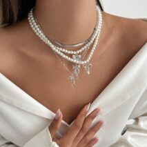 Elegant 5pcs Bowknot Pendant Pearl Herringbone Chain Necklace Set - ArtGalleryZen
