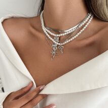 Elegant 5pcs Bowknot Pendant Pearl Herringbone Chain Necklace Set - ArtGalleryZen