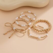 Elegant 5pcs Gold Plated Bowknot Pearl Chain Bracelet Set - ArtGalleryZen